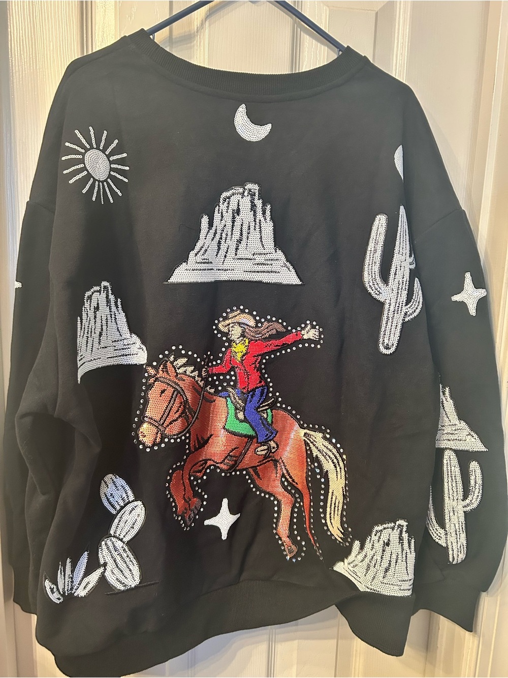 QUEEN OF SPARKLES Black Sweatshirt with Colorful Rodeo Horse Motif - Picture 2 of 2